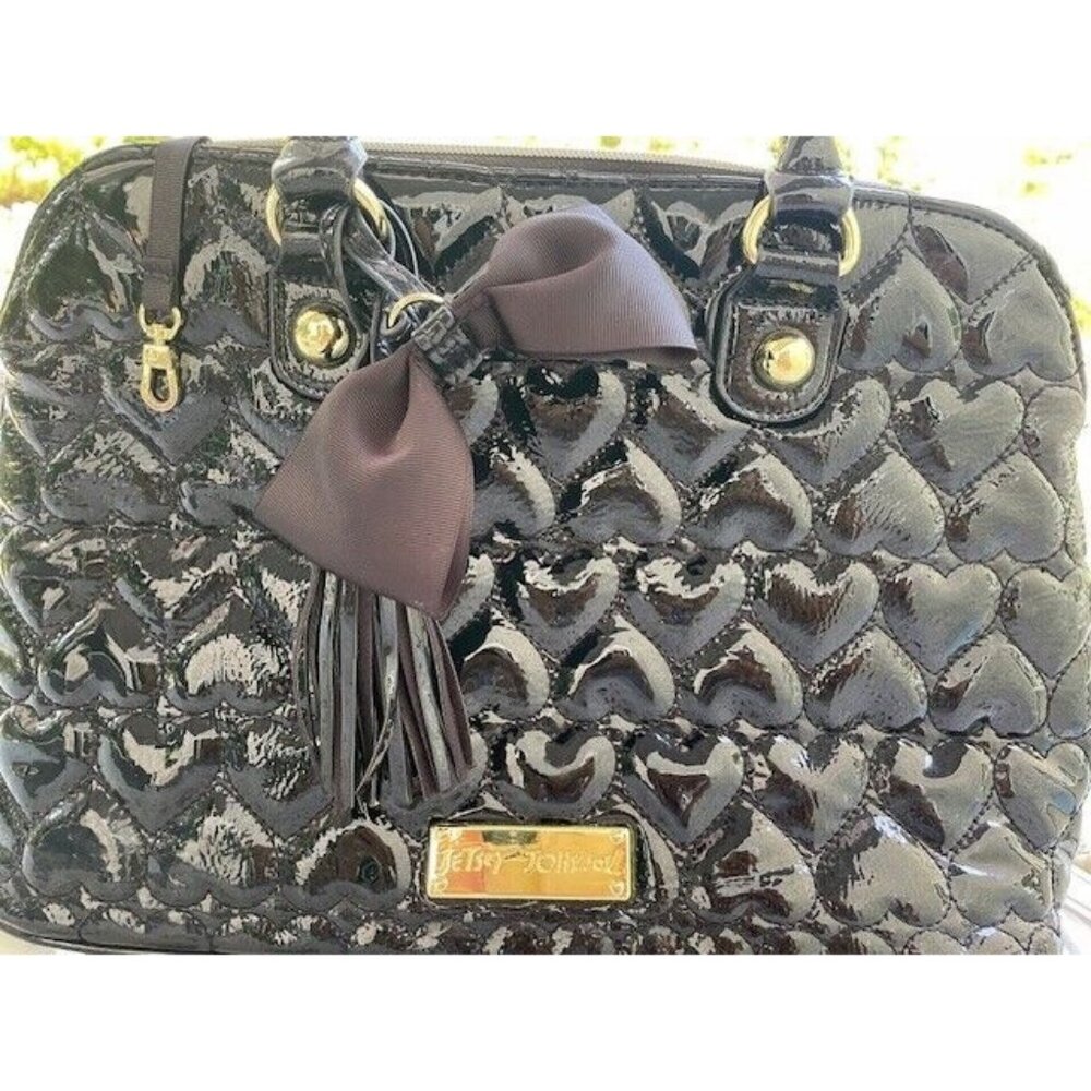 Betsey Johnson Quilted Black Heart Bow Be Mine Patent Handbag Satchel Purse